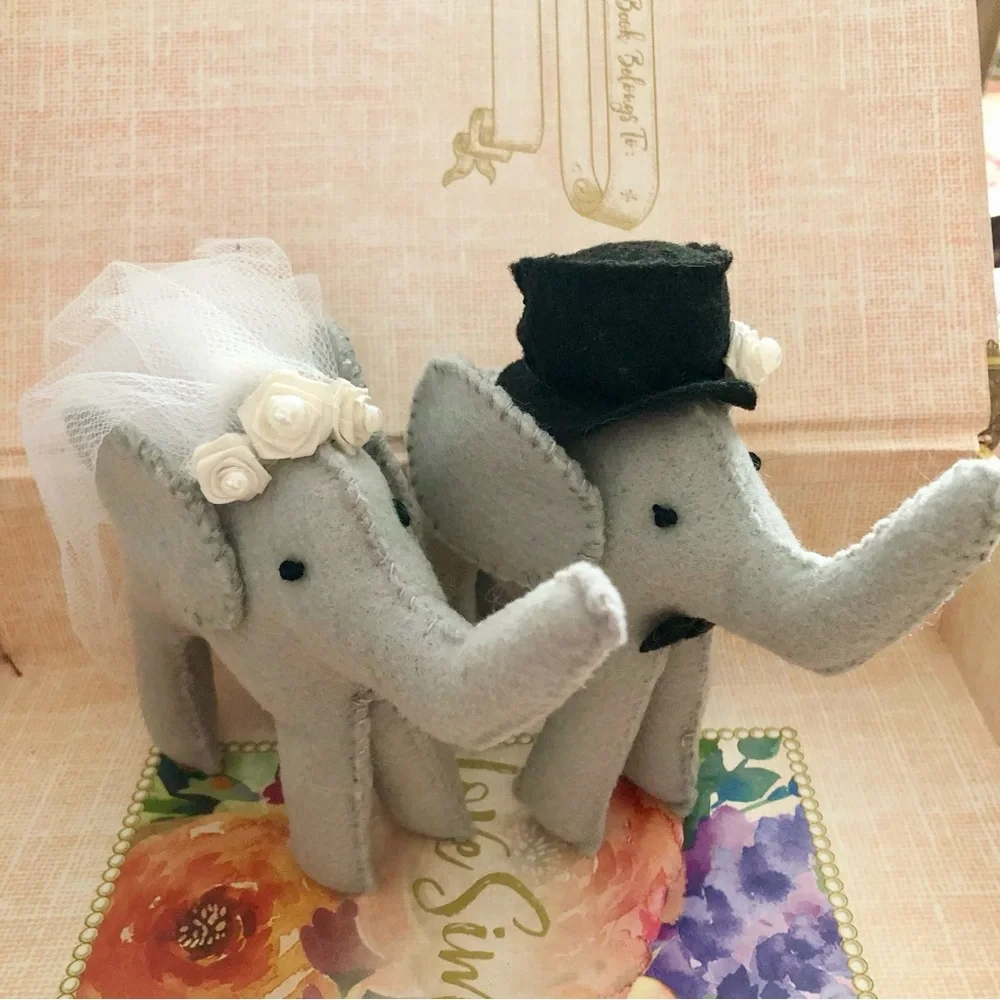 Gray Felt Bride Groom Elephant Wedding Cake Toppers